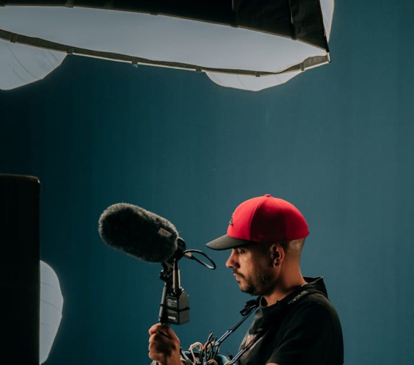A sound engineer with a microphone in a professional recording studio setting.
